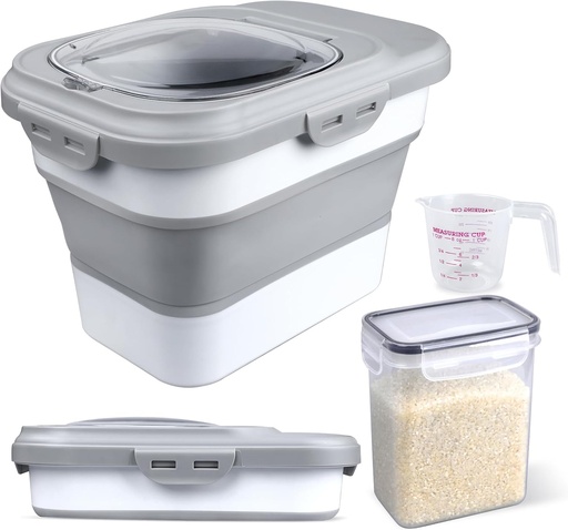 [BRSREYIDOIPGK3I2] Rice Storage Container, Collapsible Airtight Food Storage Containers 6-20 Lbs, Rice Dispenser with Measuring Cup and Small Bin for Flour Cereal Pasta Grain, Cat Pet Dog Bird Food Container