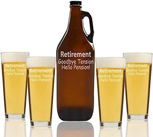 [BRSWECQZBMCB43T7] "Retirement Goodbye Tension Hello Pension" Beer Amber Growler & pint Glasses, Set of 5