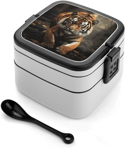[BRSRA23ROQMGGCTJ] Wild Animals Tiger Bento Box with Compartments Double Layer Bento Lunch Box with Spoon And Handle All-in-One Adult Lunchbox Leakproof Lunch Container for Work Picnic Travel