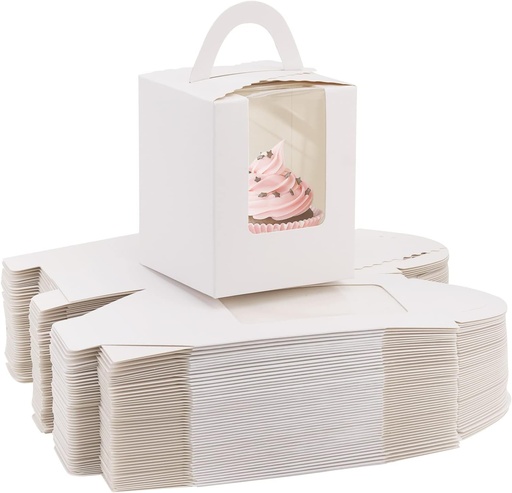 [BRSW2H32O4JR4FY7] acDesign 100Pcs Cupcake Boxes With Window 3.6in*3.6in*4.3in Cupcake Carrier Individual With Handle and Inserts for Wedding Bakery Wrapping Party Favor Packing(White)