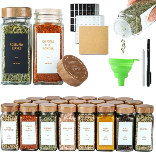 [BRSRABQBPMIAKHTP] Spice Jars with Label，4oz Seasoning Containers, Glass Spice Bottles with Shaker Lids,Funnel, Chalk Pen (24)