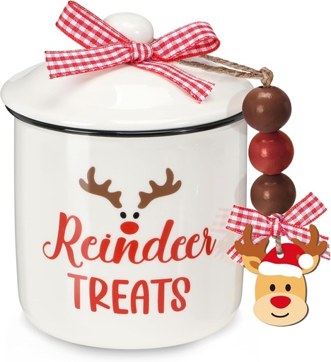 [BRSRAZI7BYIBG3T3] Nefelibata Christmas Reindeer Treats Ceramic Canister Tiered Tray Decor Xmas Mini Candy Jar Bowl Candy Holder with Buffalo Plaid Bowknot Wooden Beads Home Table Centerpiece Decoration Supplies