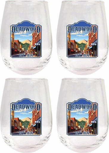 [BRSRAZYHC4GR6DY7] R and R Imports Deadwood South Dakota Wild West Design Souvenir 15 oz Stemless Wine Glass 4-Pack