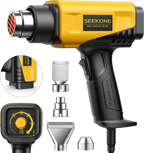 [BRSROHQNPMORQCY3] SEEKONE 1800W Heat Gun Compact Design Heavy Duty Hot Air Gun 122℉-1202℉（50℃- 650℃）Variable Temperature Control for 2 Speed Settings with 4 Nozzels for Crafts, Vinyl Wrap, Shrink Tubing