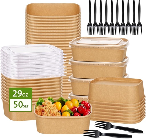 [BRSRAZI7PJ7BQFDH] DI QIU REN 50-Pack 29oz Disposable Kraft Paper Bowls【with Lids and Forks】, Meal Prep Containers Disposable Food Prep Containers Thanksgiving To Go Take Out Container, Microwave Safe for Hot/Cold Food