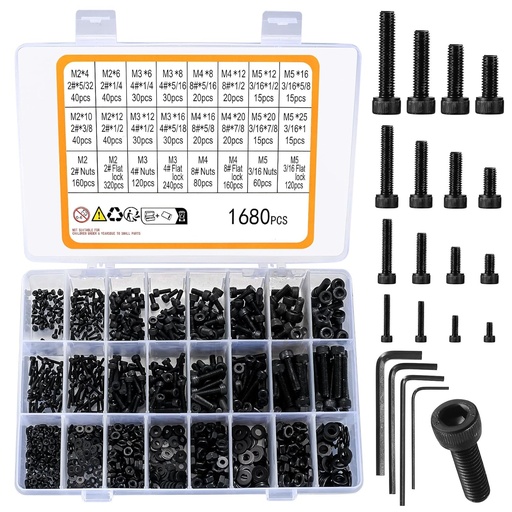 [BRSROFIHCN6QMALG] 1680 Pcs M2 M3 M4 M5 Metric Hex Head Bolts and Nuts and Washers Set, Hex Socket Head Cap Screws Bolts and Nuts and Washers Assortment Kit, Black Machine Screws Set