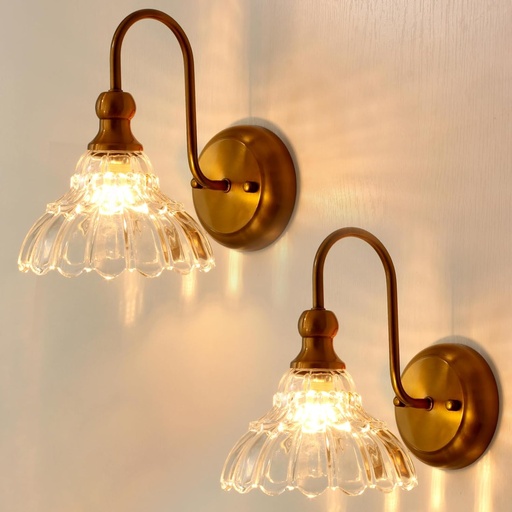 [BRSRA2T2AUHWO2Q7] lobolighting Vintage Wall Sconce Set of 2 with Glass Shade Brass Sconces Gold Bathroom Vanity Light Fixtures Modern Wall Lighting Fixture for Bedroom Bedside Door Header
