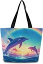 Rainbow Dolphin Tote Bag Reusable Grocery Bags Aesthetic Shopping Shoulder Handbag with Interior Zipper Pocket Stylish Rainbow Dolphin Present for Women