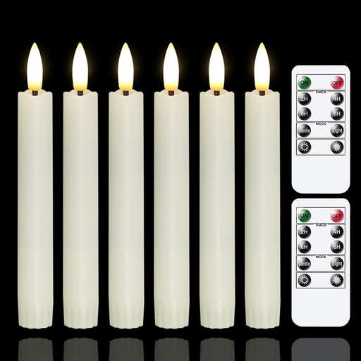 [BRSRMAA5OYNBO2DH] Battery Operated Flameless Taper Candles with Two Remote Timer, 6.4" LED 3D-Wick Window Candles, Flickering Long-Lasting Warm Light Electric Pack of 6 Flameless Candlesticks (0.78" Dia,Ivory)