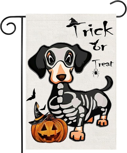 [BRSRAZABOF5GG2Y2] Halloween Trick or Treat Garden Flags 12x18 Double Sided, Ghost Dog Yard Flag for Outside Decor, Holiday Dachshund Skeleton Outdoor Decorations for Home