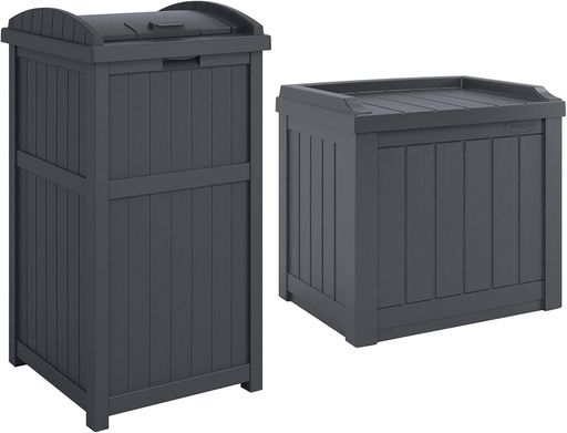 [BRSROZD7BACGAHY4] Suncast 22-Gallon Outdoor Patio Backyard Deck Box Storage Bench and 30-Gallon Hideaway Trash Waste Bin with Latching Lid, Cyberspace