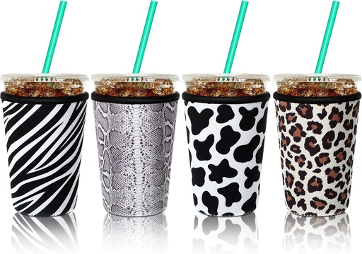 [BRSW2EALOQMWAFA7] Patelai 4 Pieces Reusable Iced Coffee Sleeve Cup Insulator for Cold Drinks Beverages and Holder for Most Coffee(22-24 oz Medium,Animal Print)