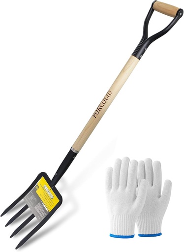 [BRSROEINOJYAEG34] Garden Fork, 4-Tine Spading Digging Fork, Pitch Fork-45Inch, Forged Steel Y-Grip, Wood Handel-Red