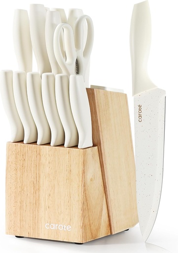 [BRSRAED6DJ7W2DIZ] CAROTE 15Piece Knife Set, Kitchen Knife Block Set, Elegant White Ceramic-Coated Blades with Stylish Wooden Block for Modern Culinary Excellence