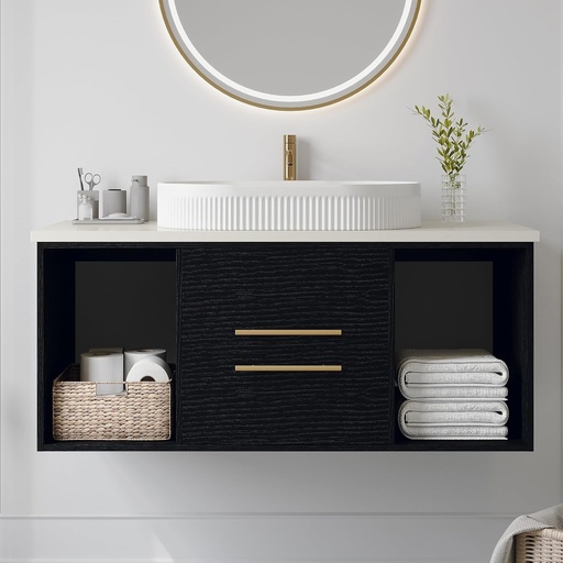 [BRSREZAQOIIWO3LO] 39.4" Bathroom Vanities with Oval Ceramic Sink, Floating Bathroom Vanity Cabinet with 2 Drawers and 2 Open Shelves,Modern Solid Wood Wall Mounted Bathroom Sink Cabinet with Metal Handles Black