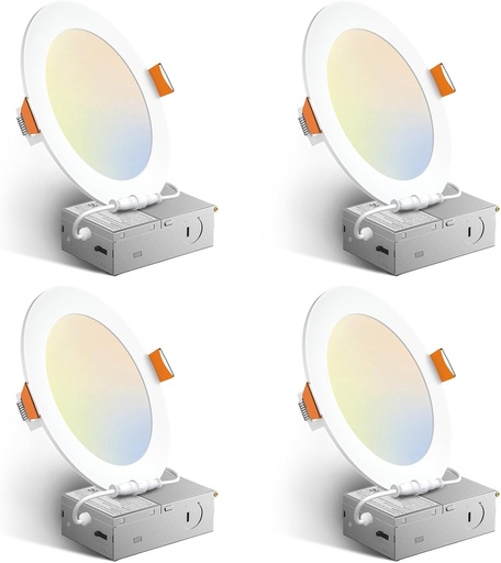 [BRSRAGQODIORQ3I2] Amico 4 Pack 6 Inch 5CCT Ultra-Thin LED Recessed Ceiling Light with Junction Box, 2700K/3000K/3500K/4000K/5000K Selectable, 12W Eqv 110W 1050LM Brightness Dimmable Canless Wafer Downlight, ETL & FCC
