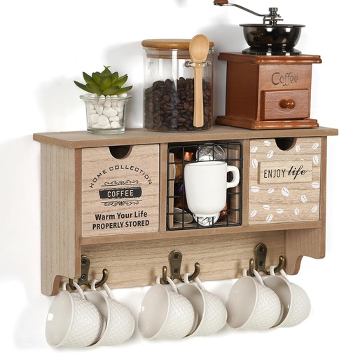 [BRSRAA36CQJR4HL7] Mug Holder Wall Mounted Coffee Cup Holder, Hanging Mug Rack Mug Display Coffee Cup Storage with 3 Drawers and 3 Double Hooks for Coffee Pods Sugar Bags for Kitchen, Home, Bar, Coffee Station