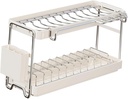 2 Tier Countertop Dish Draining Rack Organizer with Drip Tray, Stainless Steel Dish Drying Rack with Drainboard for Plates Cups Utensils- 43x16.5x31cm
