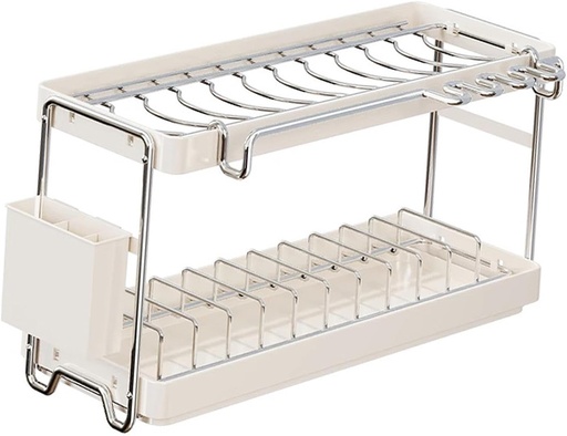 [BRSREAY6OECBAAL6] 2 Tier Countertop Dish Draining Rack Organizer with Drip Tray, Stainless Steel Dish Drying Rack with Drainboard for Plates Cups Utensils- 43x16.5x31cm