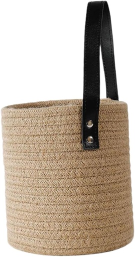 [BRSREFD3BMCW2HY3] Hanging Storage Basket Small Cotton Rope Wall Decor with Leather Handle Versatile Flower Basket for Kitchen Home and Office Chic and Practical Organizer for Stylish Living