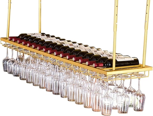 [BRSROH32BF6QECDG] Hanging Wine Glass Rack Wine Bottle Stemware Glass Rack Ceiling Hanging - Metal Floating Shelves - Adjustable Height and Width - Storage Shelving for Kitchen, Dining Room, Bar, or Wine Cellar Gold