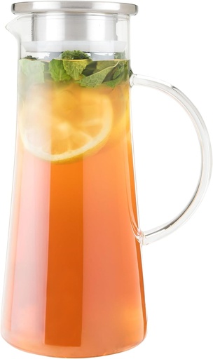 [BRSWKH3RAQFRQ2LF] Pinky Up Charlie Iced Tea Glass Carafe with Lid and Filter, Pitcher for Cold Coffee, Lemonade, Fruit Juices, Sparkling Water, Soda, 1.5 Liter Capacity