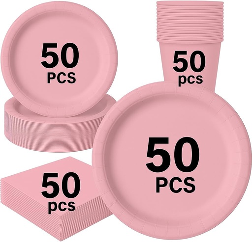 [BRSWGAAOOACRSFDK] Light Pink Disposable Dinnerware Set – 200 Piece Party Pack for 50 Guests with 9” Dinner Plates, 7” Dessert Plates, 9 oz Cups & 3-Ply Napkins for Weddings, Birthdays & Events