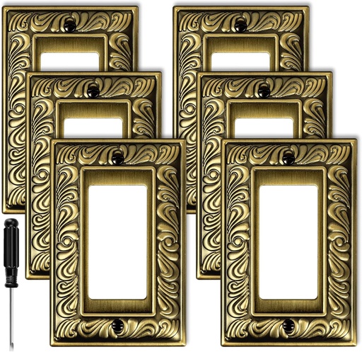 [BRSROATQO4BG2C3J] Antique Brass Decorative Decorator Light Switch Covers Wall Plate Rocker Switch Plates Outlet Covers Metal Material Wall Plates for Kitchen Bathroom (1 Gang Single Decorator-6 Pack)