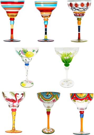 [BRSRMC33BUHB4CT4] Painted Margarita Glass, Mexican Collection Margarita Glasses Cup Set Unique/Decorative Hand Blown Glassware Margarita Glasses,8pcs