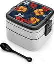 Realistic Hawaiian Flowers Bento Box with Spoon, 2-layer Stackable Lunch Box Leak Proof with Invisible Handle, Insulated Food Storage for Office, Picnic & Travel