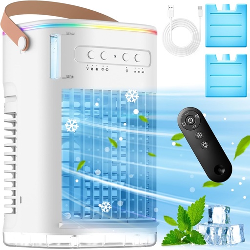 [BRSREYYQOQIQK2QY] FANCOLE 4-IN-1 Small Air Conditioner w/ 2 Ice Packs, 16.5ft Remote, 1200ML Tank, 7H Smart Timer, 3Speed & 2Cool Mist Personal Air Conditioner, 7-Color Light Portable AC Unit for Bedroom Cover 100Sq.ft