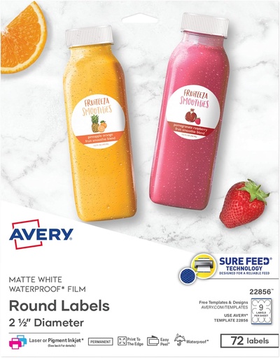 [BRSWKHYKDENRC2D5] Avery Durable Waterproof Round Labels with Sure Feed Technology, 2.5" Diameter, White, Laser & Pigment-Inkjet Compatible, 72 Blank Labels Total, Great for Branding, Packaging, and More (22856)