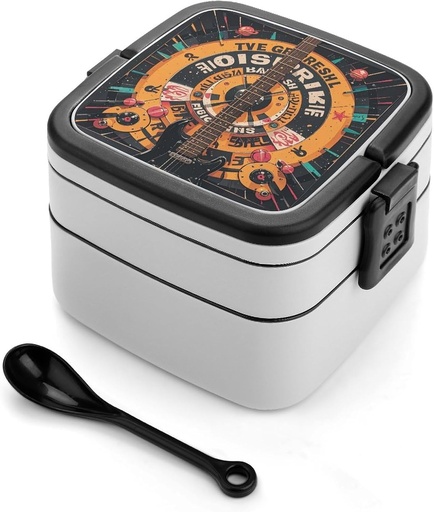 [BRSRE2QHOUJRMG3G] Bass Guitar Bento Box Leak-Proof Double Layered Lunch Containers with Spoons And Invisible Handle, Portable Lunch Boxes for Work Picnic Travel