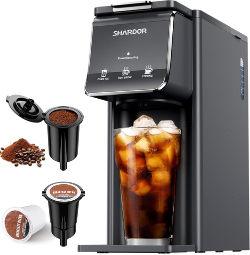 [BRSRAAAHOUNWKHLO] SHARDOR Hot & Iced Coffee Maker, K Cup Coffee Maker Compatible with Ground Coffee, Single Serve Coffee Machine with Bold Setting, Reusable Filter, Travel Mug Friendly, Compact Design, Grey