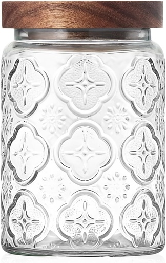 [BRSRAAT7A4DQYHIV] Vintage Glass Jar with Wood Lid - 24 OZ Airtight Storage Container for Kitchen Pantry Bathroom, Decorative Canisters for Coffee Beans, Brown Sugar, Cookie, Candy, Tea Bag, Dog Treat, Flour (Begonia)