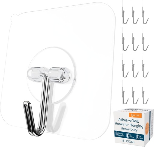 [BRSWY2Y6AECBE2D3] GLUIT Adhesive Wall Hooks for Hanging Heavy Duty 22 lbs Hooks for Walls No Damage, Towel Sticky Clear Hook, Waterproof, Home, Bathroom, Kitchen, Office, and Outdoor 12 Pack