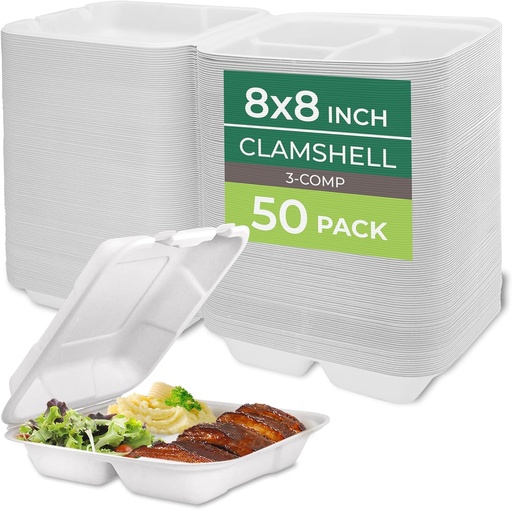 [BRSROBA5CIJQGFA7] Freshware Compostable Clamshell Food Containers [8x8"] 3-Compartment 50-Pack, Disposable Containers, Biodegradable Sugarcane To Go Boxes - Paper Food Containers - Microwave & Freezer Safe, Stackable