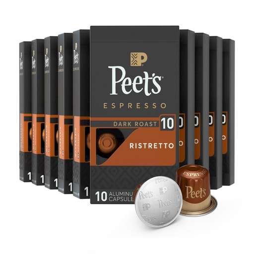 [BRSWGFQNB4ORO2D2] Peet's Coffee, Dark Roast Espresso Capsules, Compatible with Nespresso Original Machine - Ristretto Intensity 10, 100 Count (10 Boxes of 10 Espresso Capsules)