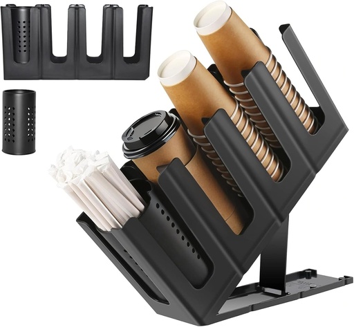 [BRSREEAFC4FWKHQ6] Adjustable Cup & Lid Dispenser with Straw Organizer, 4 Compartments, Disposable Coffee Cup Dispenser, Coffee Station Organizer for Countertop, Bar, Restaurant Breakroom