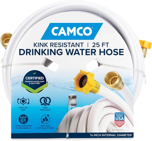 [BRSWIZQEAZ4GKH36] Camco TastePURE 25-Ft Water Hose - RV Drinking Water Hose Contains No Lead, No BPA & No Phthalate - Features Diamond-Hatch Reinforced PVC Design - 5/8” Inside Diameter, Made in the USA (22783)