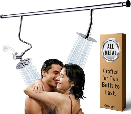 [BRSREEL7BADWCCTJ] All Metal Dual Shower Head for Couples, High Pressure Tandem Shower Head System for Two People Rod, Double Stainless Steel Fixed Showerheads with 3-Setting Diverter, A Bathroom Upgrade (Chrome)