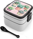 Bento Lunch Box for Women Lunch Containers for Adults Lovely Succulent Plants Double Layered Lunchbox Large Capacity Bento Box with Cutlery for Work Picnic Camping Travel