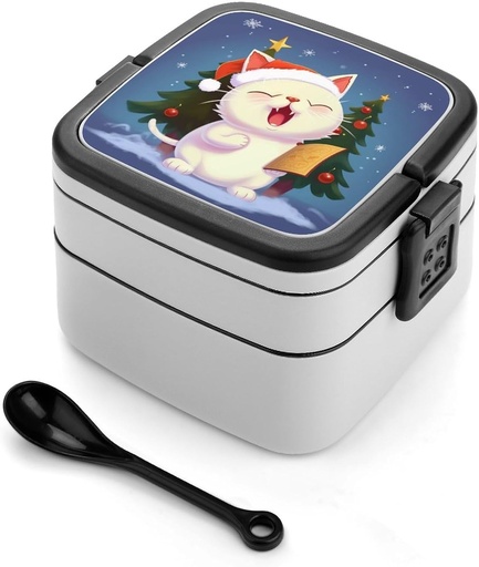 [BRSRA2T6OIORSGTF] Bento Lunch Box for Women Lunch Containers for Adults Cute Cat Sing Christmas Carols Double Layered Lunchbox Large Capacity Bento Box with Cutlery for Work Picnic Camping Travel, style