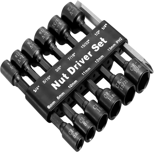 [BRSRMHYFAUBQKEQ2] MacWork 14PCS Magnetic Hex Nuts Driver Set for Impact Drill, CR-V Steel, SAE 1/4" to 15/32", Metric 6mm to 13mm, 1/4" Hex Shank Drill Bit Set Screwdriver Socket Set