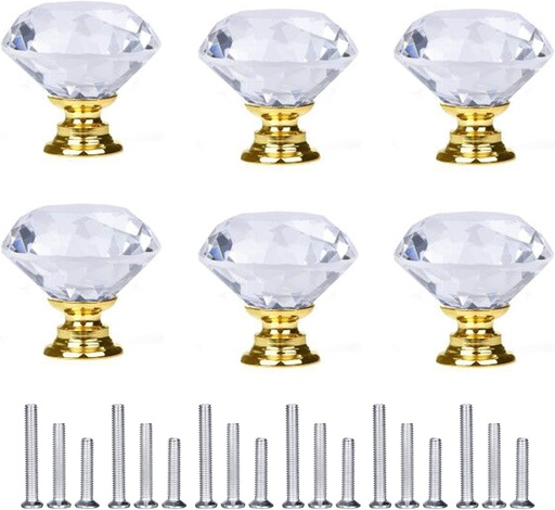 [BRSWYAICAQNREHQ2] D-BUY 6 Pack Drawer Pulls and Knobs - Crystal Dresser Handles with Screws (30 mm, Gold)