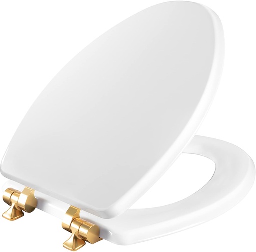 [BRSW2BITPMNAE33D] Mayfair Bennett Toilet Seat with Brushed Gold Hinges, Slow Close Wood Seat, Secure Metal Hinges, Easy Install, Made in USA, Elongated, White