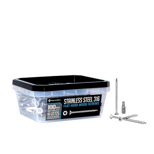[BRSRMCQFCMBAYGTU] FastenMon #10 x 2-1/2" Marine Grade Type 316 Stainless Steel Wood Screws - 100 Pack with T25 Bit – Torx Flat Head Type 17 Point Ideal for Decks, Fences, and Coastal Construction
