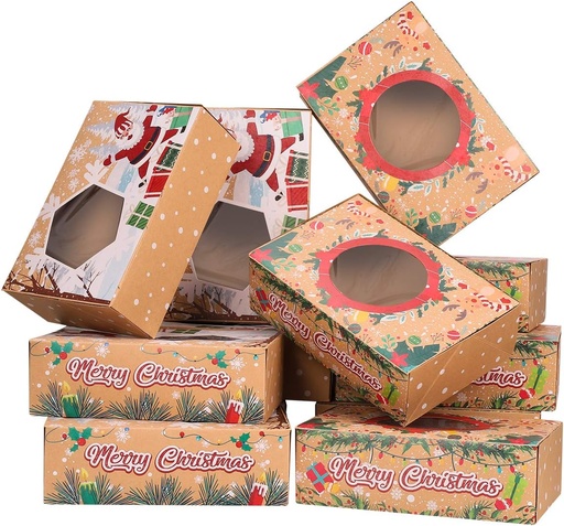 [BRSWYGT5C4JR6HQ2] Cabilock Christmas Cookie Boxes, Large Holiday Bakery Food Container for Gift Giving, 12PCS Kraft Christmas Cookie Box with Window and Red Ribbon for Cupcaked Donuts Pastries