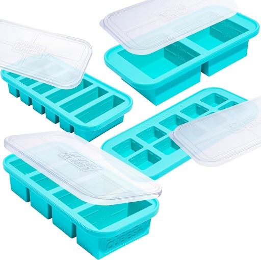 [BRSWYHT6B4HAMGQZ] Souper Cubes Silicone Freezer Molds Gift Set with 2 Tbsp, 1/2, 1, and 2 Cup Silicone Freezer Trays With Lids - Meal Prep and Kitchen Essentials Bundle - Aqua