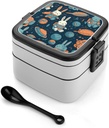 AQRJLPM Rabbit And Space Bento Box Double-Layer Bento Lunch Container with Spoon And Invisible Handle Adult Leak-Proof Lunchbox for Dining Out Work Picnics Travel